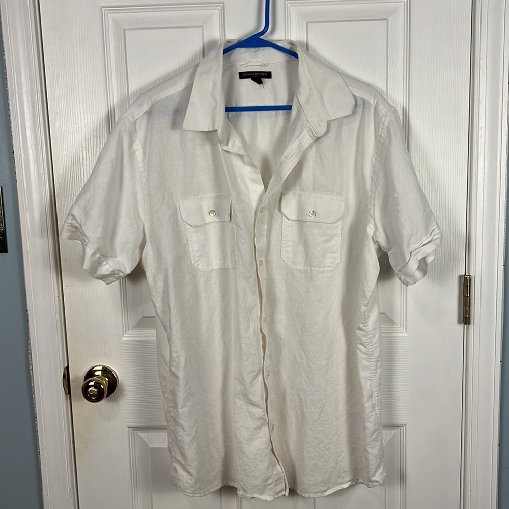 BANANA REPUBLIC Womens XL Cotton-Linen Button Up Blouse Lightweight Short Sleeve